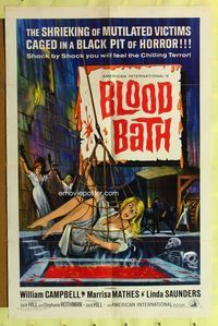 3c111 BLOOD BATH 1sh '66 AIP, cool artwork of sexy babe being lowered into a pit of horror!
