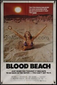 3c112 BLOOD BEACH 1sh '81 classic Jaws parody image of sexy girl in bikini sinking in quicksand!