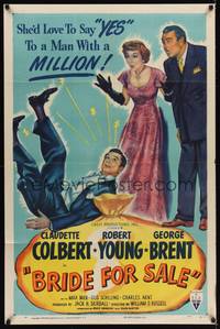 3c129 BRIDE FOR SALE style A 1sh '49 Claudette Colbert caught between Robert Young & George Brent!