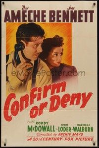 3c192 CONFIRM OR DENY 1sh '41 art of Don Ameche on phone & operator Joan Bennett in uniform!