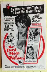 3c233 DEVIL MADE A WOMAN 1sh '61 super close up of sexiest Sara Montiel, to love her meant death!