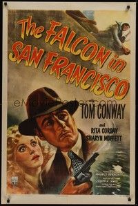 3c274 FALCON IN SAN FRANCISCO style A 1sh '45 cool artwork of detective Tom Conway with smoking gun!