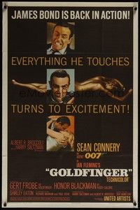 3c323 GOLDFINGER 1sh '64 three great images of Sean Connery as James Bond 007!