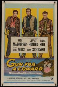 3c330 GUN FOR A COWARD 1sh '56 art of cowboys Fred MacMurray, Jeffrey Hunter & Dean Stockwell!