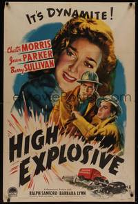 3c356 HIGH EXPLOSIVE 1sh '43 Chester Morris, It's dynamite, close-up of worried Jean Parker!