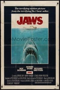 3c392 JAWS int'l 1sh '75 artwork of Steven Spielberg's classic man-eating shark attacking sexy swimmer!