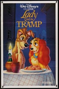 3c420 LADY & THE TRAMP style V int'l English 1sh R88 Walt Disney romantic canine dog classic!