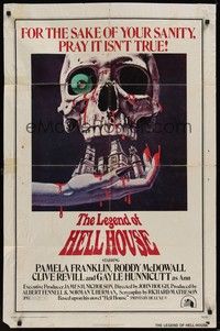3c431 LEGEND OF HELL HOUSE 1sh '73 great skull & haunted house dripping with blood art by B.T.!