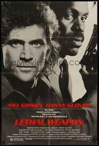 3c433 LETHAL WEAPON 1sh '87 great close image of cop partners Mel Gibson & Danny Glover!