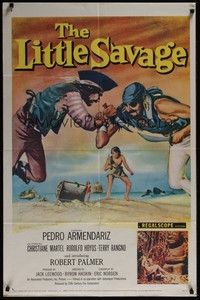 3c441 LITTLE SAVAGE 1sh '59 Pedro Armendariz, action art of pirates fighting over treasure!