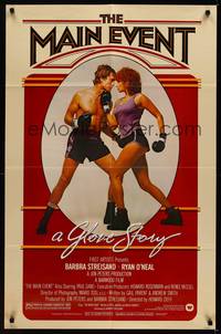 3c467 MAIN EVENT 1sh '79 great full-length image of Barbra Streisand boxing with Ryan O'Neal!