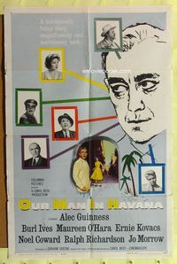 3c642 OUR MAN IN HAVANA 1sh '60 art of Alec Guinness in Cuba, directed by Carol Reed!