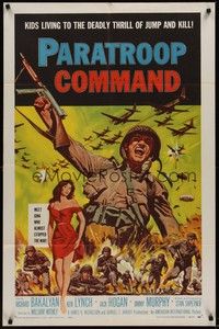 3c656 PARATROOP COMMAND 1sh '59 AIP, WWII sky-diving, cool art of soldiers & sexy Carolyn Hughes!