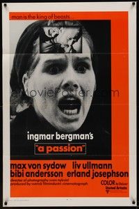 3c664 PASSION int'l 1sh '70 Ingmar Bergman's En Passion, close-up of terrified Liv Ullmann!