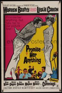 3c696 PROMISE HER ANYTHING 1sh '66 art of Warren Beatty w/fingers crossed & pretty Leslie Caron!