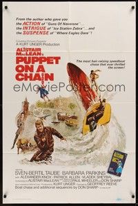 3c698 PUPPET ON A CHAIN int'l 1sh '72 Alistair MacLean novel, Sven-Bertil Taube, boat chase art!