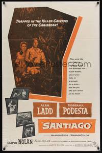3c750 SANTIAGO 1sh '56 artwork of Alan Ladd with gun & Rossana Podesta in the jungle!