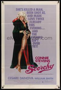 3c758 SCORCHY 1sh '76 full-length art of sexiest barely-dressed Connie Stevens in black cape!