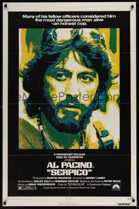 3c772 SERPICO 1sh '74 cool close up image of Al Pacino, Sidney Lumet crime classic!