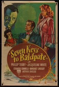 3c773 SEVEN KEYS TO BALDPATE 1sh '47 art of sexy Jacqueline White & Phillip Terry!