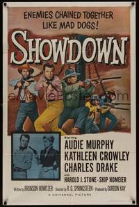 3c782 SHOWDOWN 1sh '63 Audie Murphy & enemies chained together + pretty Kathleen Crowley w/gun!