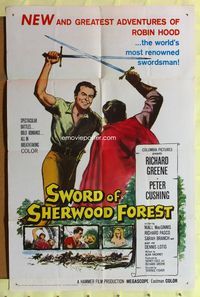 3c857 SWORD OF SHERWOOD FOREST 1sh '60 art of Richard Greene as Robin Hood fighting Peter Cushing!