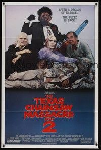 3c881 TEXAS CHAINSAW MASSACRE PART 2 family style 1sh '86 Tobe Hooper horror sequel, cast portrait!