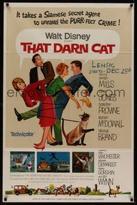 3c882 THAT DARN CAT style A 1sh '65 great art of Hayley Mills & Disney Siamese feline!