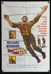 3c909 TIME LIMIT 1sh '57 Richard Widmark, cool art of Korean War soldier in barb-wire fence!