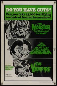 3c933 DO YOU HAVE GUTS 1sh '71 cheesy monsters & vampires triple bill!