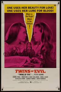 3c937 TWINS OF EVIL 1sh '72 one uses her beauty for love, one uses her lure for blood, vampires!