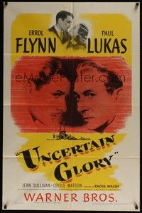 3c941 UNCERTAIN GLORY 1sh '44 art of French Errol Flynn face-to-face with Nazi Paul Lukas!