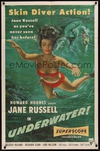 3c944 UNDERWATER 1sh '55 Howard Hughes, sexiest artwork of skin diver Jane Russell!