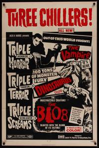 3c947 VAMPIRE/DINOSAURUS/BLOB 1sh '71 B movie chiller horror triple bill!