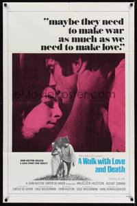 3c964 WALK WITH LOVE & DEATH int'l 1sh '69 John Huston, Anjelica Huston romantic close up!