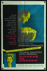 3c985 WITNESS TO MURDER 1sh '54 no one believes what Barbara Stanwyck saw except for the murderer!
