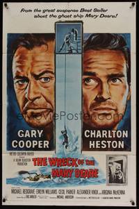 3c989 WRECK OF THE MARY DEARE 1sh '59 super close artwork of Gary Cooper & Charlton Heston!