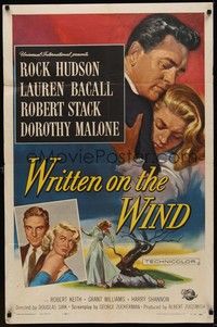 3c991 WRITTEN ON THE WIND 1sh '56 Brown art of sexy Lauren Bacall with Rock Hudson & Robert Stack!