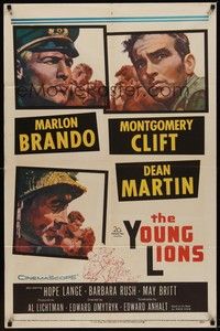 3c997 YOUNG LIONS 1sh '58 art of Nazi Marlon Brando, Dean Martin & Montgomery Clift!