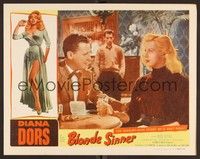 3d044 BLONDE SINNER LC '56 sexy bad girl Diana Dors at table drinking & wearing turtleneck!