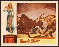 3d043 BLONDE SINNER LC '56 sexy bad Diana Dors full-length laying on tiger skin dialing phone!