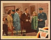 3d070 THIN MAN GOES HOME LC #7 '44 William Powell & Myrna Loy stare at a charming young suspect!