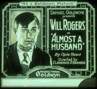 3e123 ALMOST A HUSBAND glass slide '19 head & shoulders portrait of wide-eyed Will Rogers!