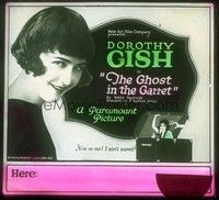 3e141 GHOST IN THE GARRET glass slide '21 close headshot of Dorothy Gish + art of her in trunk!
