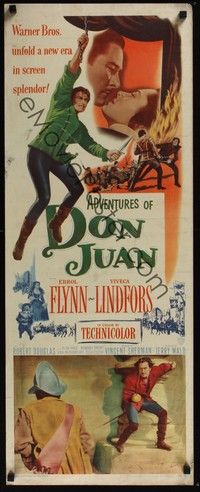 3g020 ADVENTURES OF DON JUAN insert '49 cool art of Errol Flynn in a breathless adventure!