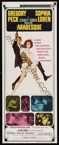 3g038 ARABESQUE insert '66 Gregory Peck, sexy Sophia Loren, ultra mod, ultra mad, ultra mystery!