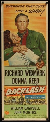 3g046 BACKLASH insert '56 Richard Widmark holds Donna Reed, suspense that cuts like a whip!