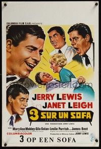 3j376 3 ON A COUCH Belgian '66 great artwork of screwy Jerry Lewis' many faces, Janet Leigh!