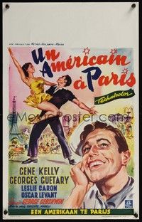 3j390 AMERICAN IN PARIS Belgian '51 wonderful Wik art of Gene Kelly dancing with sexy Leslie Caron