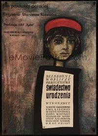 3j159 BIRTH CERTIFICATE Polish 23x33 '61 directed by Stanislaw Rozewicz, Mlodozeniec art!